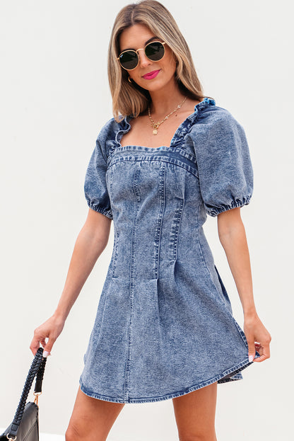 Denim Frilly Square Neck Bustier Puff Sleeve Dress