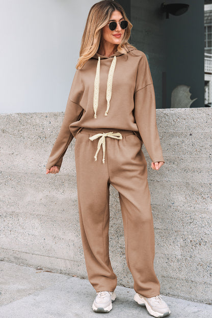 Solid Corduroy Lace Hoodie and Pants Set