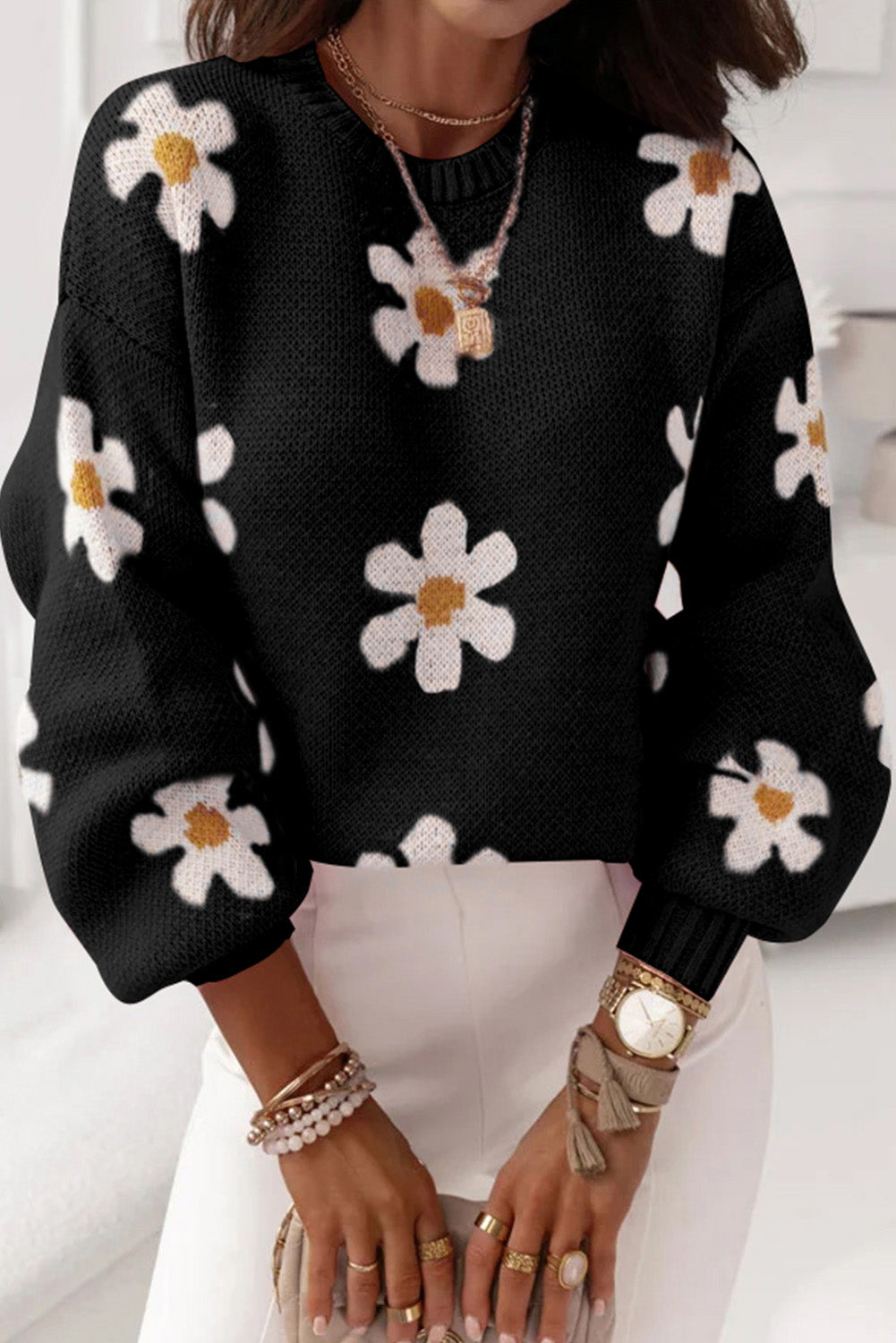 Floral Drop Shoulder Crewneck Sweater