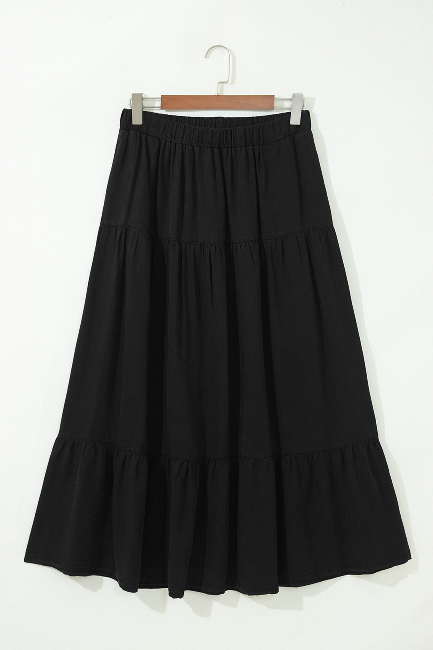 Denim Ruffle Tiered Flared Maxi Skirt