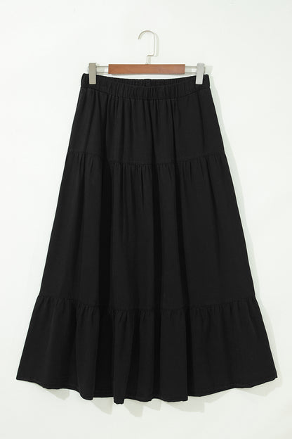 Denim Ruffle Tiered Flared Maxi Skirt