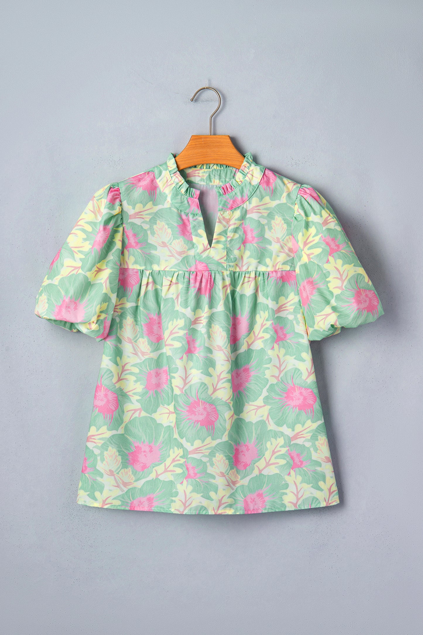 Floral Frilled V-Neck Bubble Sleeve Babydoll Blouse