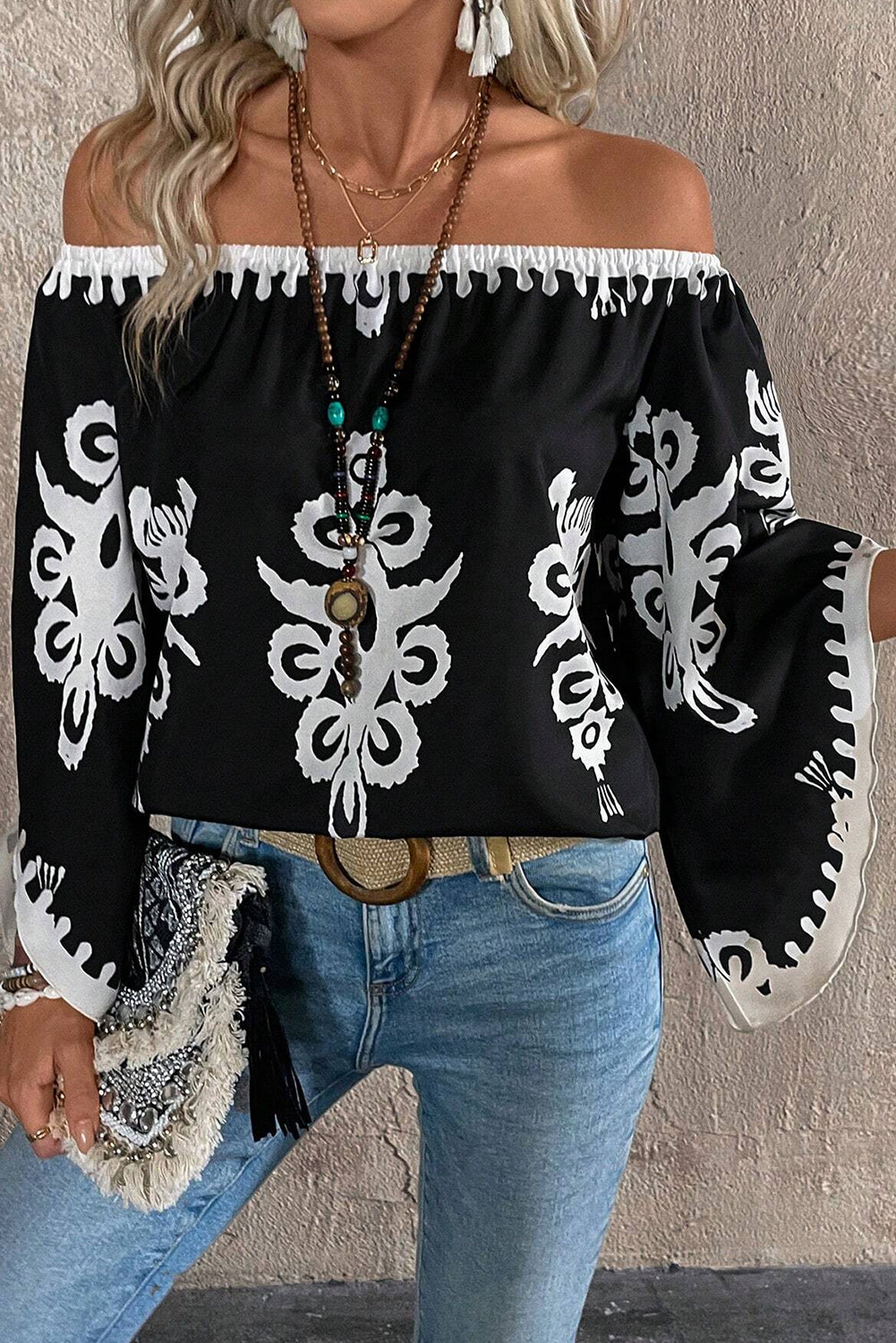 Boho Abstract Off Shoulder Blouse