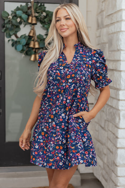 Floral Split Neck Puff Sleeve Mini Dress