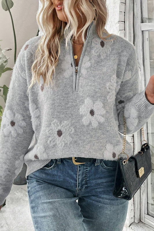 Floral Half Zip Sweater Plus Size