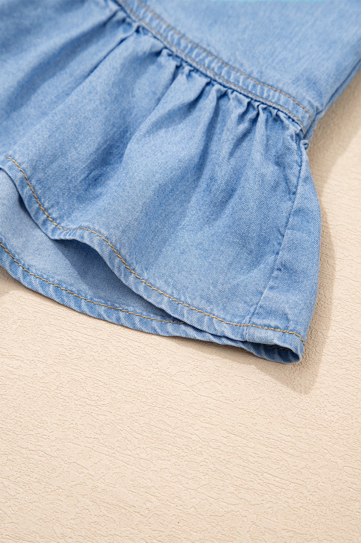 Denim Chambray Ruffle 3/4 Sleeve Buttoned Shirt