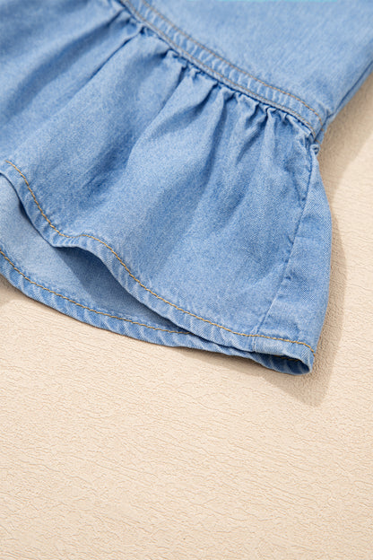 Denim Chambray Ruffle 3/4 Sleeve Buttoned Shirt