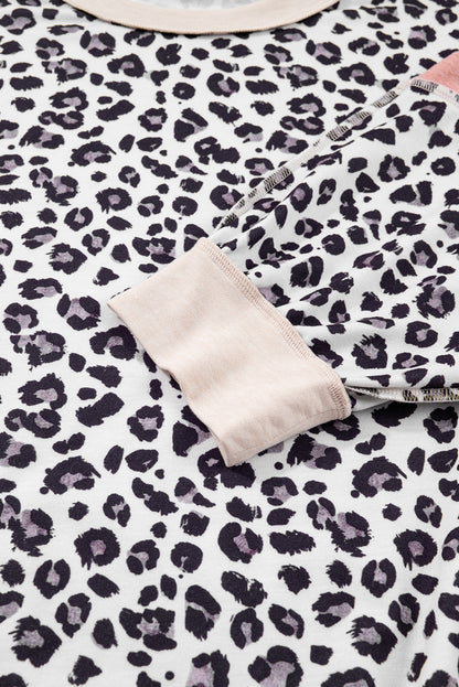Plus Size Leopard Colorblock Patchwork Reverse Stitch Top