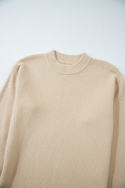 Solid Textured Knit Split Cuff Drop Shoulder Sweater