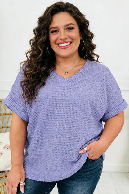Plus Size Solid Waffle Knit V-Neck Short Sleeve Top