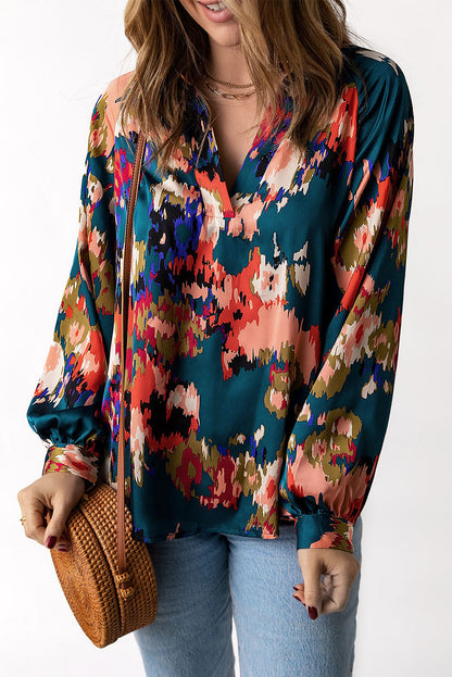 Abstract Floral Puff Sleeve Blouse