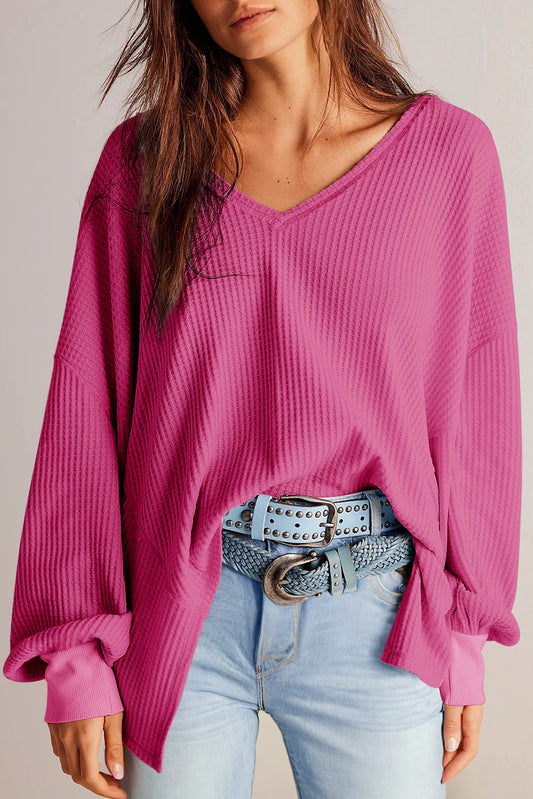 Waffle V-Neck Long Sleeve Blouse