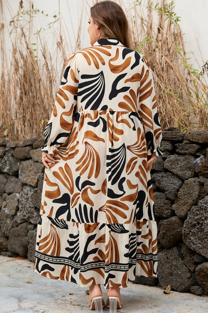 Plus Size Boho Abstract Long Sleeve Maxi Dress