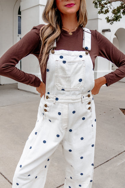Polka Dot Denim Barrel Leg Overalls Jumpsuit