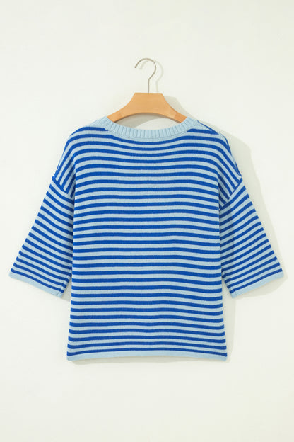 Stripe 3/4 Sleeve Button Down Knit Cardigan