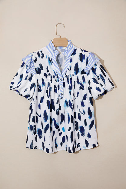 Abstract Leopard Stripe Ruffle Trim V-Neck Blouse