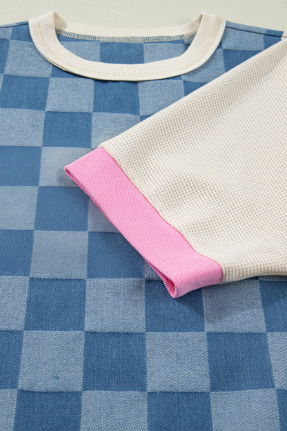 Checker Denim Patchwork Short Sleeve Loose Top