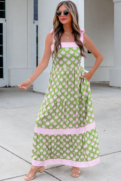 Floral Stripe Patchwork Knot Strap Maxi Dress
