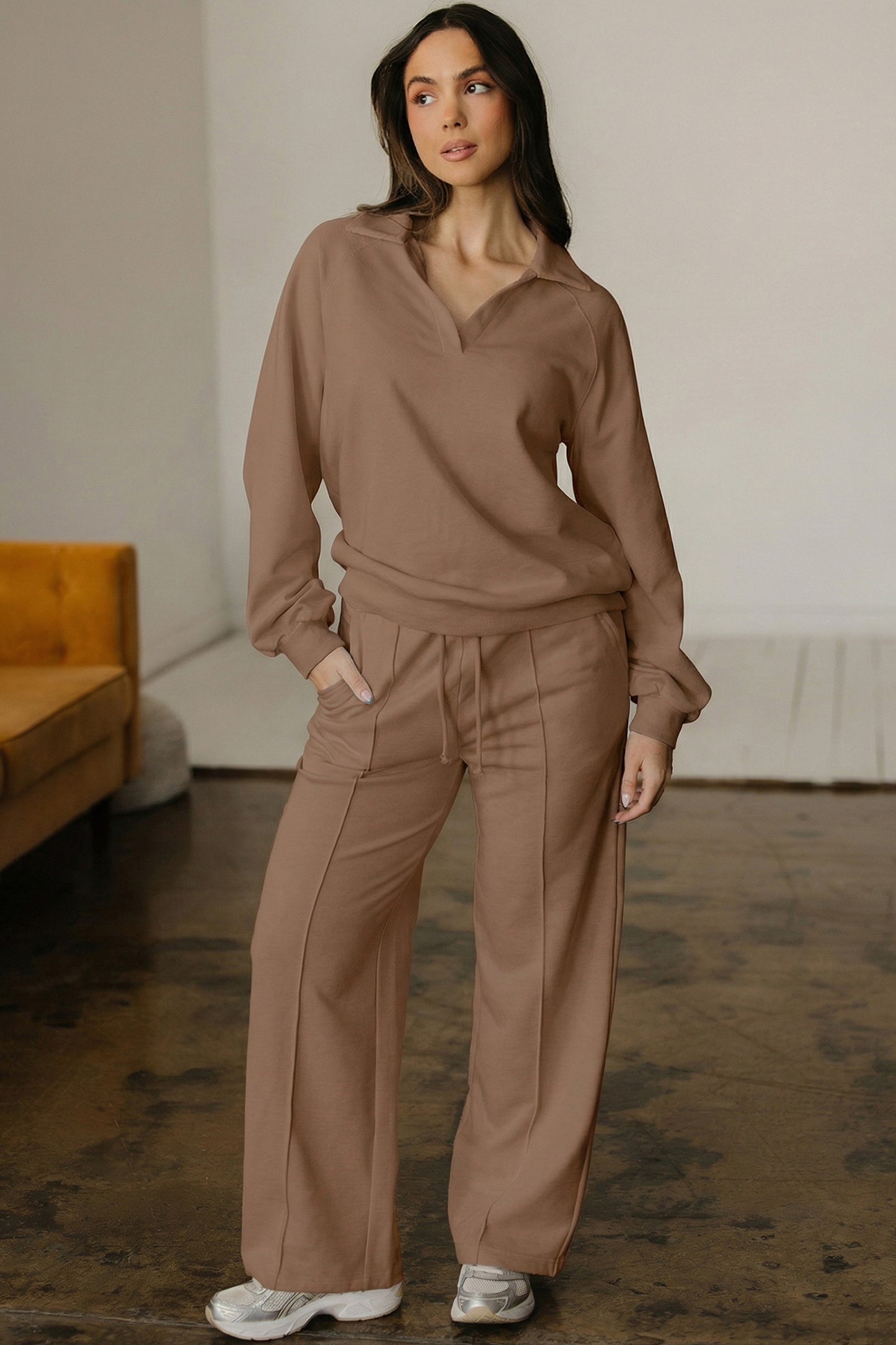 Solid V-Neck Pullover and Drawstring Sweatpants Set