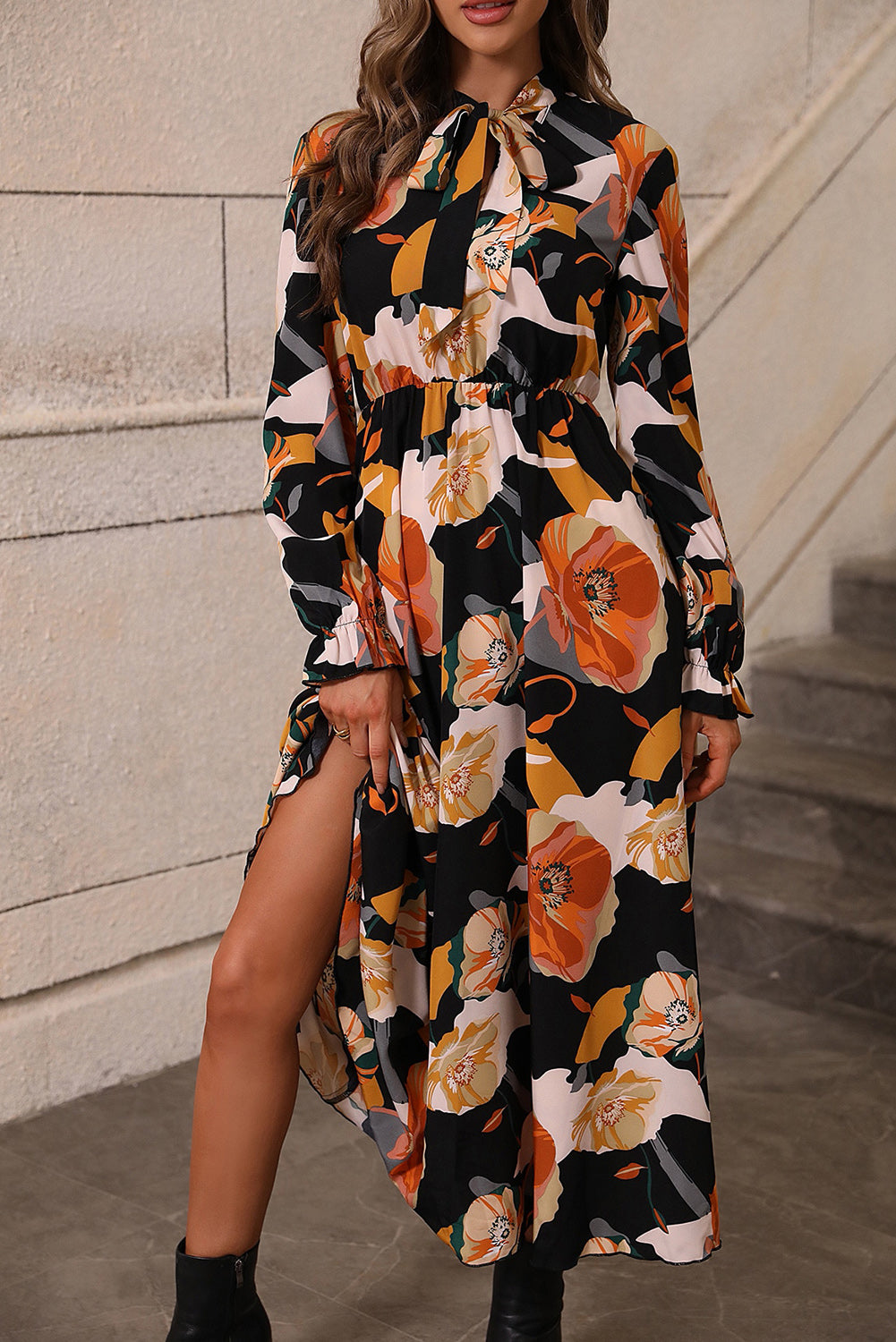 Floral Tie Neck Long Sleeve Dress