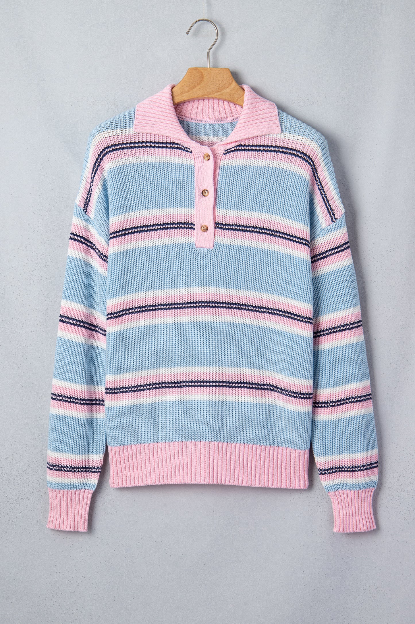 Stripe Ribbed Trim Buttoned Collar Long Sleeve Sweater