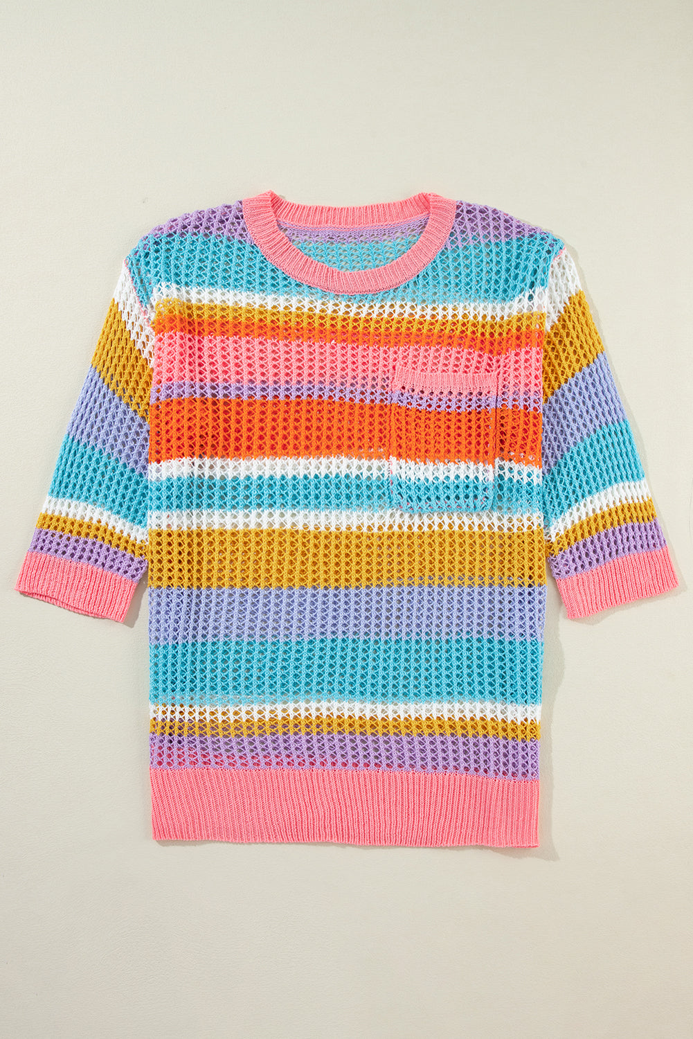 Stripe Colorblock Crochet 3/4 Sleeve Sweater