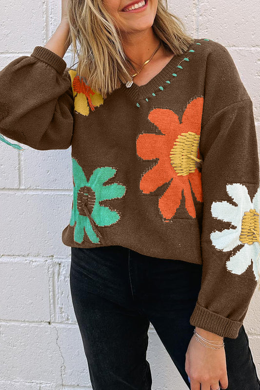 Floral V-Neck Drop Shoulder Sweater