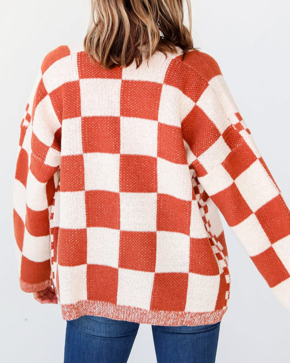 Checkered Open Front Knit Cardigan