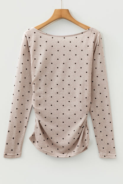 Polka Dot Boat Neck Long Sleeve Ruched T-Shirt