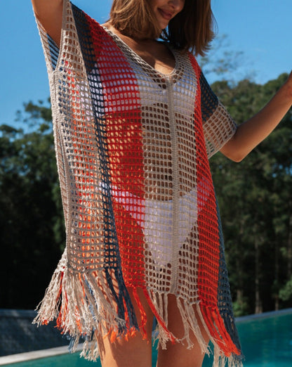 Stripe Crochet Tasseled Beach Cover Up