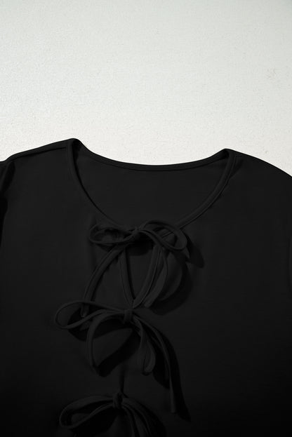 Plus Size Solid Bow Tie Front Long Sleeve Blouse