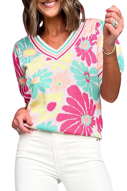 Floral V-Neck Short Sleeve Sweater