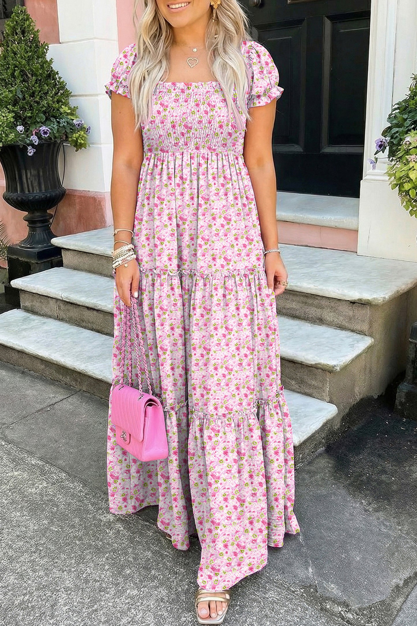 Floral Bubble Sleeve Shirred Waist Maxi Dress