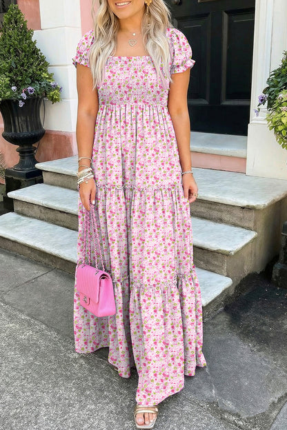 Floral Bubble Sleeve Shirred Waist Maxi Dress