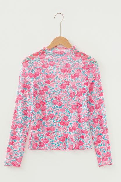 Floral Mesh Long Sleeve Mock Neck Top