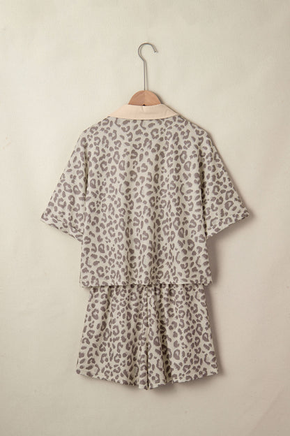 Leopard Collared V-Neck Top & Shorts Set