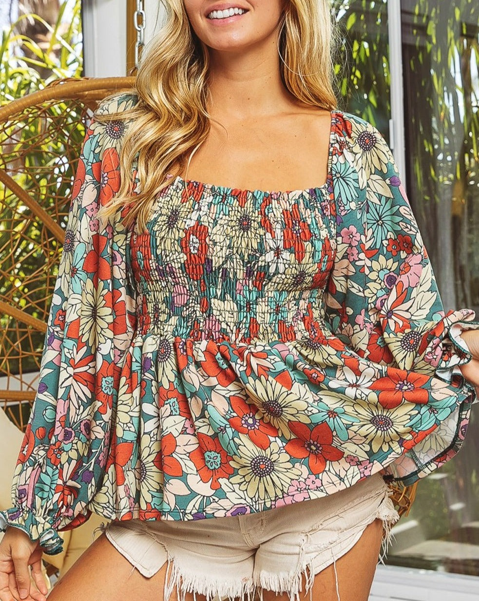 Floral Puff Sleeve Peplum Blouse