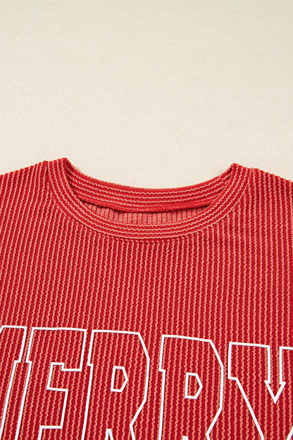 Christmas Merry Corded Knit Long Sleeve Top