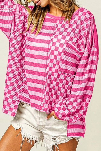 Checker Stripe Lantern Sleeve Blouse