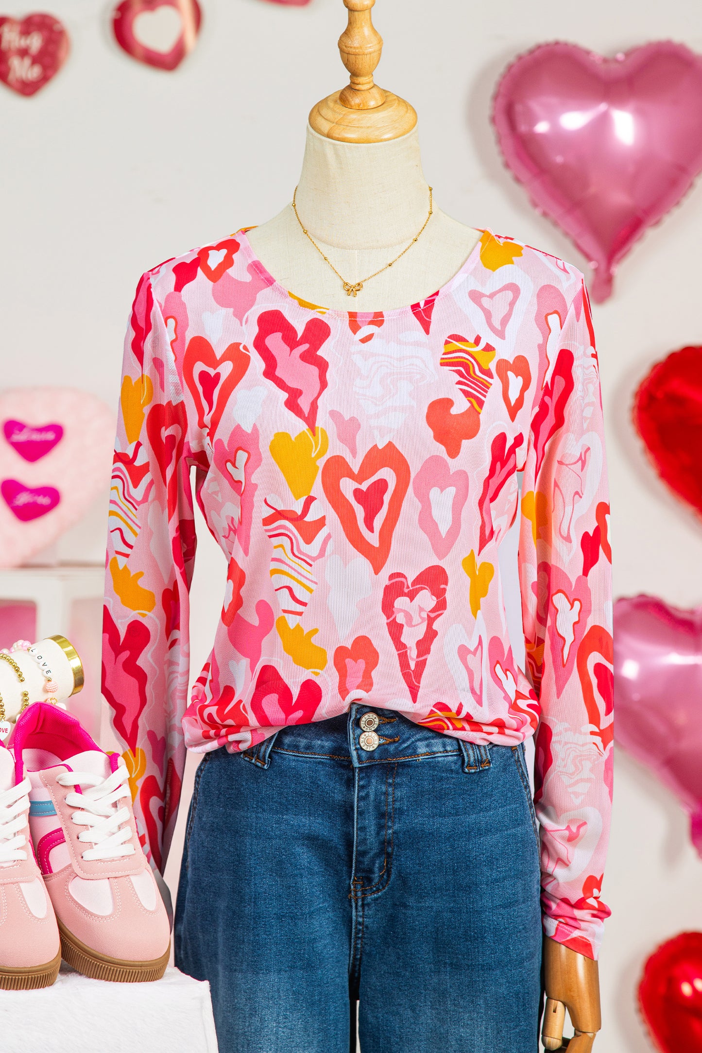Valentine Heart Mesh Long Sleeve Top