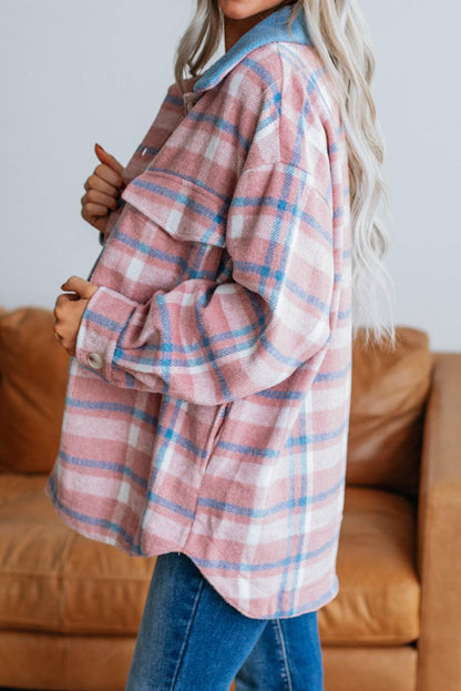 Plaid Colorblock Collar Buttoned Shacket