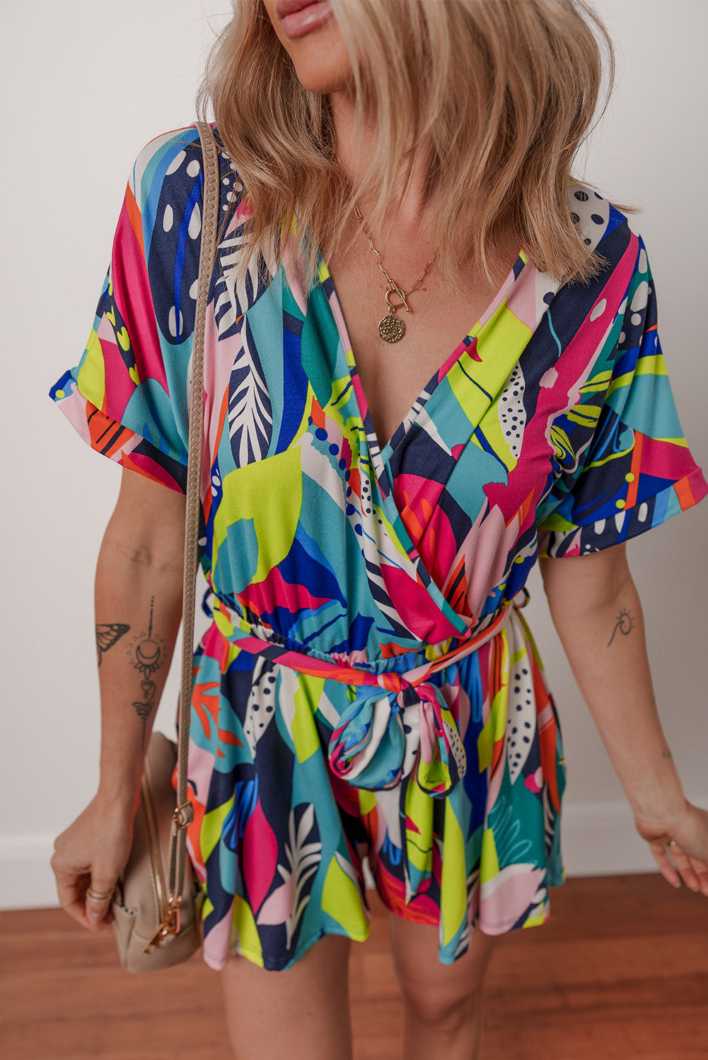 Abstract Tropical Wrap V-Neck Tie-Waist Romper