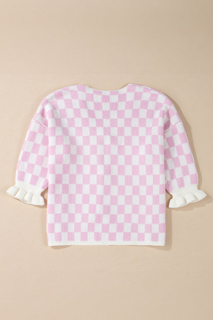 Checker 3/4 Sleeve Tie Front Cardigan