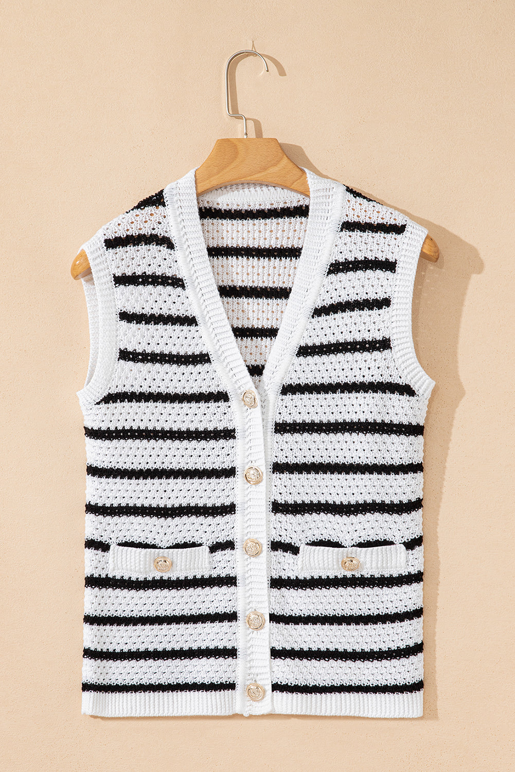 Stripe Buttoned V-Neck Sweater Knit Top