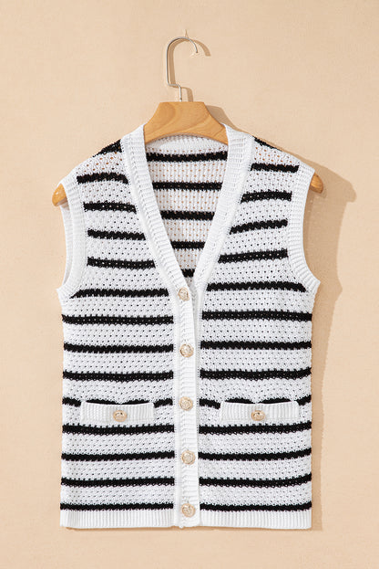 Stripe Buttoned V-Neck Sweater Knit Top