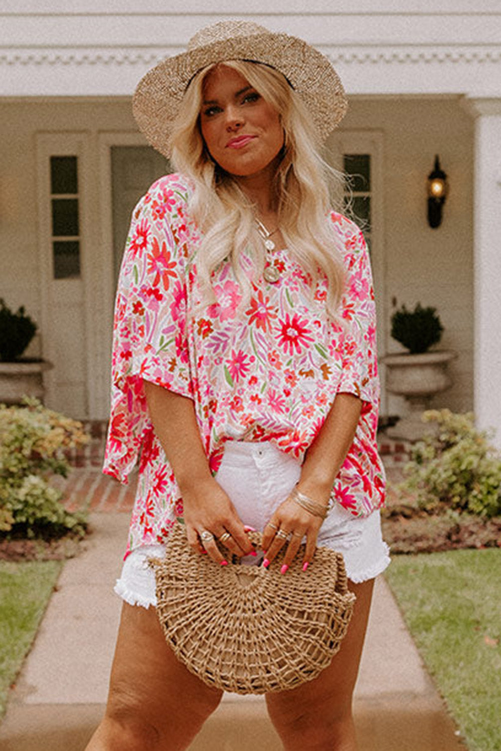 Floral Ruffled Half Sleeve V-Neck Plus Size Blouse