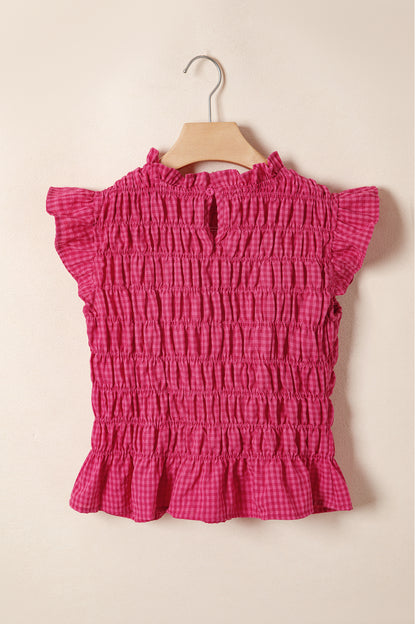 Gingham Plaid Shirred Ruffle Trim Tank Top