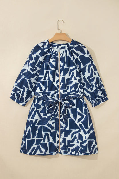 Abstract Geometric Zip Front Tie Waist Shift Dress