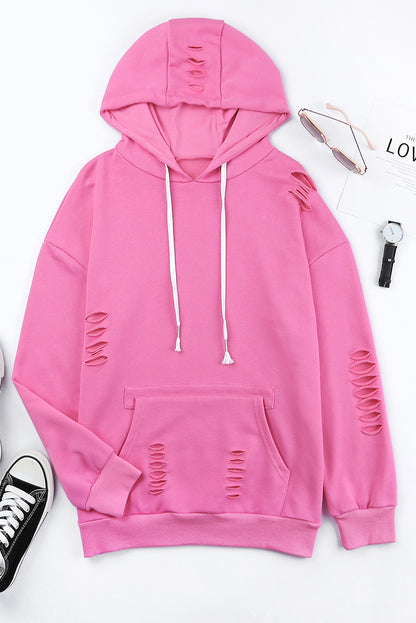 Solid Distressed Hooded Sweatshirt