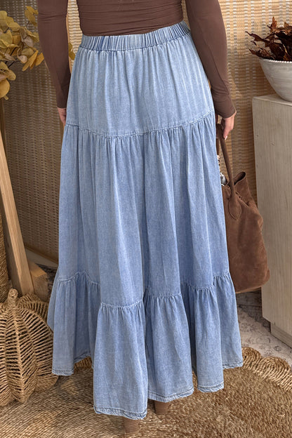 Denim Ruffle Tiered Flared Maxi Skirt